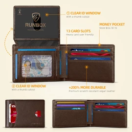 RUNBOX Men's Leather Bifold Stylish Wallet for Men 15 Slots RFID Blocking with 2 ID Window Gift Box