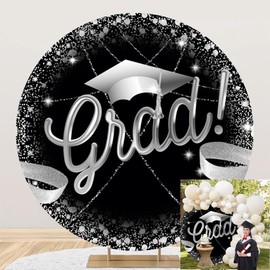 OERJU Graduation Round Backdrop Cover Black and Silver Graduation Decoration Round Backdrop Class of 2025 Photography Background Congrats Grad Prom Party Supplies Arch Photo Booth Props 7.2ft