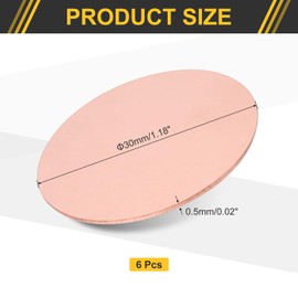 sourcing map 6Pcs Copper Round Plate, 0.02"(0.5mm) Thick 1.2"(30mm) Dia Pure Copper Metal Sheet T2 Copper Round Disc Brass Circle Gaskets for Metal Stamping DIY Crafts