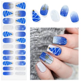 Christmas Semi Cured Gel Nail Strips, 24PCS Christmas Snowflake Tree Gel Nail Wraps Stickers Long Lasting Nail Polish Strips with Nail File, Nail Stick for DIY Nail Art Decals (Blue and Silver)