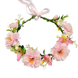 Efficewery Boho Flower Crown for Women, Adjustable Bridal Floral Headband for Weddings Festivals Photoshoots - Handmade Faux Flower Leaves Hair Accessory for Women (Pink, Adjustable)