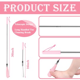 Velmitten Toe Cleaning Brush Lotion Applicator for Feet with 6 Reusable Drying Covers Foot Cleaner with Telescopic Stainless Steel 16-30 Inch Handle Toe Scrubber for Elderly Disabled Men Women (Pink)