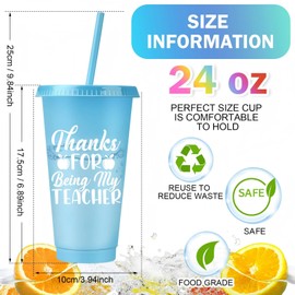 SiliFine 50 Pcs Christmas Teacher Employee Appreciation Gifts Bulk Teacher Staff Tumblers with Straw and Lid 24 oz Plastic Thank You Tumblers Bulk Colorful Reusable Coffee Cup(Cute Style)