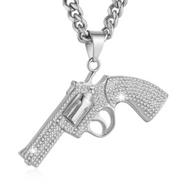 AsAlways Large Gold Plated Revolver Gun Shape Pendent Inlay CZ Pistol Design Necklace for Hip Hop Men Perfect Military Jewelry Gift with 9mm Cuban chain(Silver)