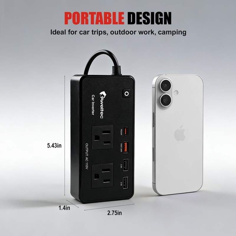 AWELTEC 200W Car Inverter 12V-110V AC Converter LED USB-C PD