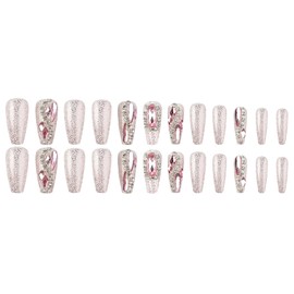 Press on Nails Long Ballet Shaped Diamond Design French Fake Nails Artificial Acrylic Nails Glitter Rhinestones False Nails Full Cover Reusable Coffin Nails Glue on Nails for Women 24Pcs
