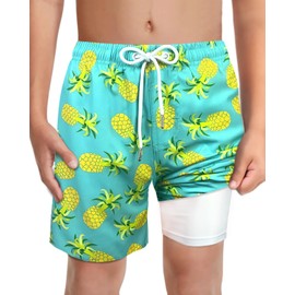 Traje de baño para niños con forro tipo bóxer sin rozaduras, Ropa de niño, Pantalones cortos de natación elásticos UPF 50+, Piña Aqua, 14-16