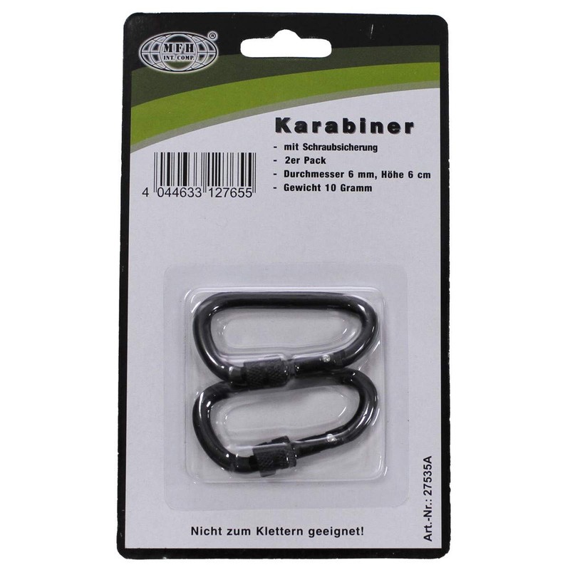 Karabiner, Schraubverschluss, D 6mmx6cm, 2er Pack, schwarz