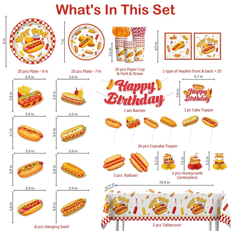 wellspar 191Pcs Hot Dog Party Decorations Tableware Set, 25 Serves