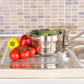 QWORK 2 Pack Roll Up Dish Drying Rack, 20.5" x 13" Silicone-Coated Stainless Steel Kitchen Sink Caddy, Supports up to 44 lbs, Dishwasher Safe, Foldable Sink Rack to Dry Dishes, Over Sink Dish Drainer