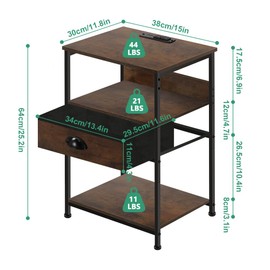 FURWOO bed side table with charging station 3-Tier Storage Industrial nightstand with drawers perfect for bedroom living room Rustic Brown