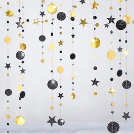Glitter Black Gold Party Decorations Moon Star Garland Ramadan Hanging Stars Circle Streamer Banner Backdrop Background for Wedding Birthday Bday Bachelorette Retirement New Year EID Graduation Decor
