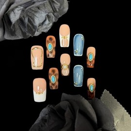 Uñas postizas acrílicas reutilizables hechas a mano con punta francesa turquesa y blanca, forma cuadrada corta/mediana, con estampado ámbar y detalles