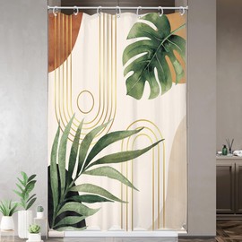 Glawry Boho Sage Green Shower Curtain Small Stall Narrow Mid Century Abstract Bohemian Botanical Palm Leaf Bathroom Liner Arch 48Wx72L Inches Bath Accessories Art Home Decor Fabric 7 Pack Hook