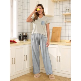 Famulily Lounge Wear Sets for Women Summer T Shirts With Long Pajama Pants Soft Pj Sets Lightweight Sleepwear Stripe M