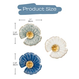 Hollyone 11" Gold Wall Décor Pack of 3 Metal Lotus Leaf Plate Blue White Wall Art Modern Accent Hanging Wall Decorations for Home Office Bedroom Living Room Wall Sculptures