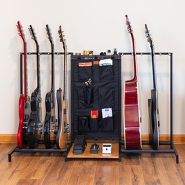 The Headliner Guitar Rack, 10 Storage Slots, Multiple Guitar Floor Stand for Acoustic and Electric, Black Canvas Storage Pockets, Hardwood Shelf