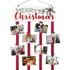 NEWLIGHTURE Christmas Card Holder Wall Display Merry Christmas Wooden Hanging Picture Holder with 24 Clips for Holiday Décor