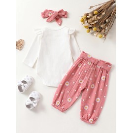 ensswliz Newborn Infant Girl Clothes Rib Knit Romper Daisy Print Pants Headband Fall Winter Newborn Outfit Sets 0 3 6 12 18 24 Months (B-Pink, 12-18 Months)