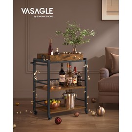 VASAGLE Kitchen Serving Cart with Removable Tray, 3-Tier Kitchen Utility Cart on Wheels with Storage, with Brakes, Leveling Feet, 15.7 x 28.3 x 33.9 Inches, Rustic Brown and Black ULRC72X