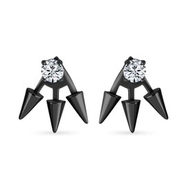 Goth Triple Spike Point Arrow Cubic Zirconia Jacket Stud Earrings For Women Black Plated .925 Sterling Silver