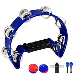 EastRock Tambourine Metal Jingles Hand Held Percussion Half Moon Tambourine for Kids, Adults, KTV, Party BLUE