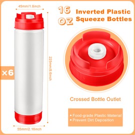 CHIVENIDO 6PCS 16oz Inverted Plastic Squeeze Bottles, Condiment Squeeze Bottles for Sauces, Refillable Tip Large Valve Dispenser Ketchup Sour Cream Squeeze Bottles for Restaurants Catering (Red)