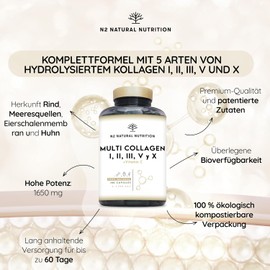 Multi Collagen Capsules High Dose 1650 mg Enriched with Vitamin C. Hydrolysed Collagen Peptides Type I, II, III, V, X. 180 Capsules. For Skin, Hair, Bones & Joints. N2 Natural Nutrition