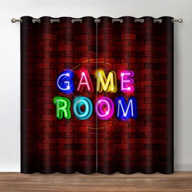Jekeno Game Room Blackout Curtains - Video Gaming Theme Red Brick Wall Pattern Print Decor Playroom Home Apartment Bedroom Living Room Darkening Grommet Window Drapes2 Panels Set,52x84 Inch