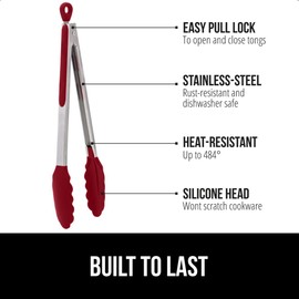 GORILLA GRIP Stainless Steel Heat Resistant Kitchen Tongs for Cooking, Set of 2 BBQ Tong, Non Scratch Silicone Tip for Pans, Strong Grip, Grab Food, Toss Salad, Air Fryer, Pull Lock, 7 + 9 Inch, Red
