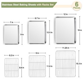 TeamFar Baking Sheet with Rack Set (3 Pans + 3 Racks), 16/12.5/9 Inch Stainless Steel Cookie Sheets Baking Pans Trays and Cooling Racks for Cooking Roasting, Non-Toxic & Heavy Duty, Dishwasher Safe