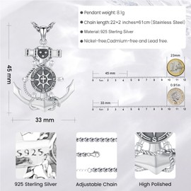 Eusense Compass Necklace 925 Sterling Silver Compass Pendant Chain Gifts for Father's Day Graduation Gift Jewellery for Men Women, Sterling Silver, No Gemstone