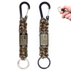 Heavy Duty Braided Paracord Lanyard Keychain with USA Flag, Parachute Rope Necklace Keychains, Braided Strong Lanyard, 2 Pcs Army Green Camo Short