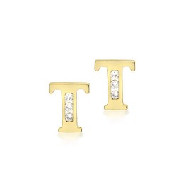 Tuscany 9ct Yellow Gold Cubic Zirconia Initial 'T' Stud Earrings 1.58.5469, 9ct Gold, Cubic Zirconia