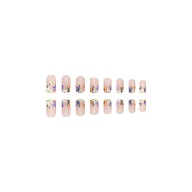 French Press on Nails Flower Fake Nails Medium Length Acrylic Nails Square Shape False Nails with Designs Colorful Floral Artificial Nails Full Cover Glossy Stick on Nails for Women and Girls Manicure