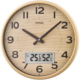 Mag W-776 N-Z Wall Clock, Radio Clock, Analog, Thermometer, Hygrometer, Temperature and Humidity Meter, Stylish, Cute, Interior, Nordic, Wood Grain, Diameter 35.5 cm (14 inches), Night Second Hand