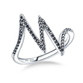 AGRULE Creative Heart Beat Statement Cocktail Ring Sterling Silver Black Moissanite Stackable Wedding Band for Women, Size 10