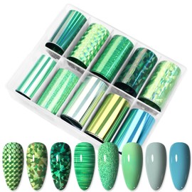 JERCLITY 10 Rolls Green Nail Foil Transfer Sticker Kit St. Patrick's Day Nail Foil Sheets Green Solid Color Foil Nail Art Decals Nail Foil Transfer Stickers Foil Nail Wraps for Foil Nail Art