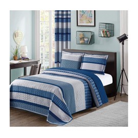 All American Collection Blue and Gray Modern Plaid 3-Piece Queen Bedspread and Pillow Sham Set | Matching Curtains Available!