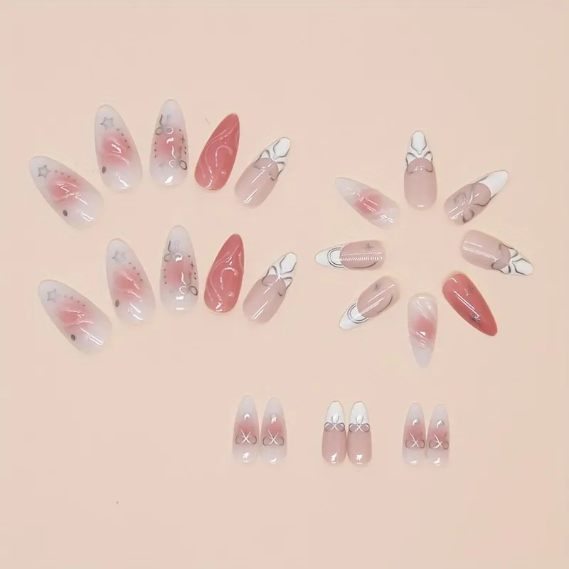 24 Piezas De Uñas En Forma De Almendra Con Lazo
