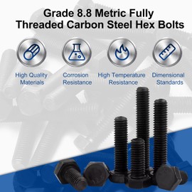 MroMax 6Pcs M8 x 150mm Hex Head Screw Bolt, Carbon Steel Grade 8.8, Black Oxide Finish, Full Thread, Hexagon Head Bolts for Furniture Repair