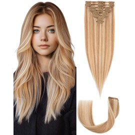 SLEEKALON Hair Extensions Clip in Real Human Hair Remy Highlighted #12/613 Golden Brown Mix Bleach Blonde - 10 Inch 50 Gram 8 Pcs Invisible Full Head Weft Straight