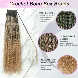 BLG Crochet Boho Box Braids with Human Hair Curls Blond Curly Human Hair Boho Crochet Braids Pre Looped Bohemian Crochet Braids for Black Women 30 Inch 2 Pack 80 Strands