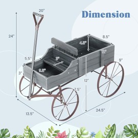 FIREFLOWERY Wooden Wagon Planter, Decorative Flower Pots w/ 2 Planting Sections, Wheels & Handle, Rustic Farmhouse Garden Planter Box for Patio, Yard, Porch (Grey)