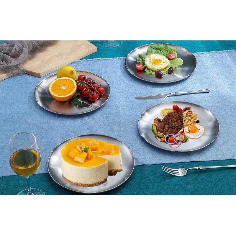 ORFCP 4 Stainless Steel Round Tableware, Stainless Steel Plate Camping,