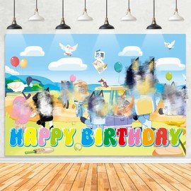 Birthday Backdrop, Blue Dog Theme Happy Birthday Backdrop Photo Booth Background Banner, Large FabricBirthday Party Supplies for Boys Girls Birthday Party decorations(2)