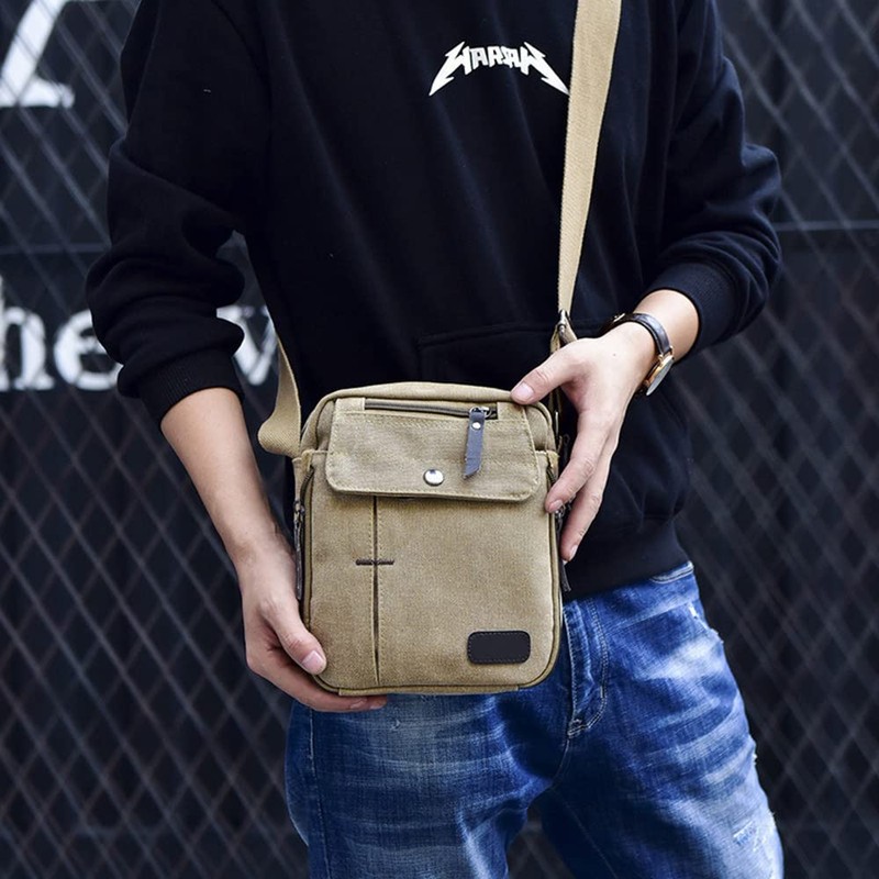 Bolso Lona Hombre Casual Viaje Compras Hombro Cruzada Multiuso (Khaki)