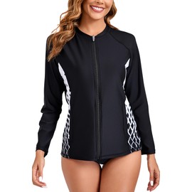 Halcurt Women's Full Zip Long Sleeve Rash Guard Swim Top with Pockets UPF50+ Quick Dry Swimsuit Black White Checkered M