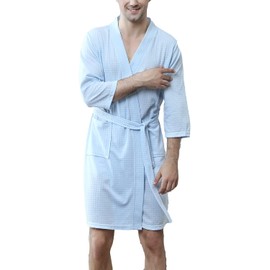 Lu's Chic Bata tipo kimono para hombre, ligera, con bolsillos, para spa, turco, hotel, Azul / Patchwork, Medium-Large