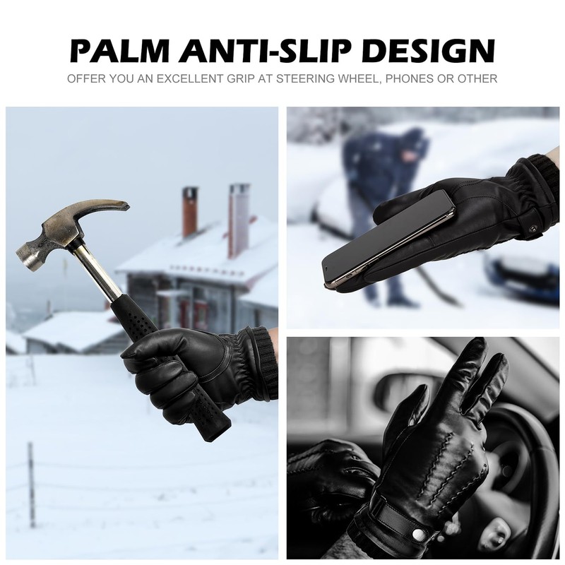 BISON DENIM Men's Leather Gloves Warm Cashmere Lining Windproof Gloves